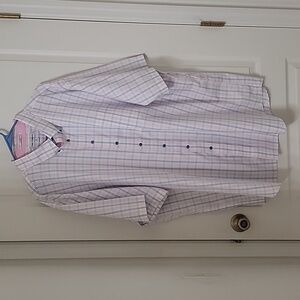 Paul Fredrick Size 20 White Short Sleeve Buttondown with Blue & Pink Plaid